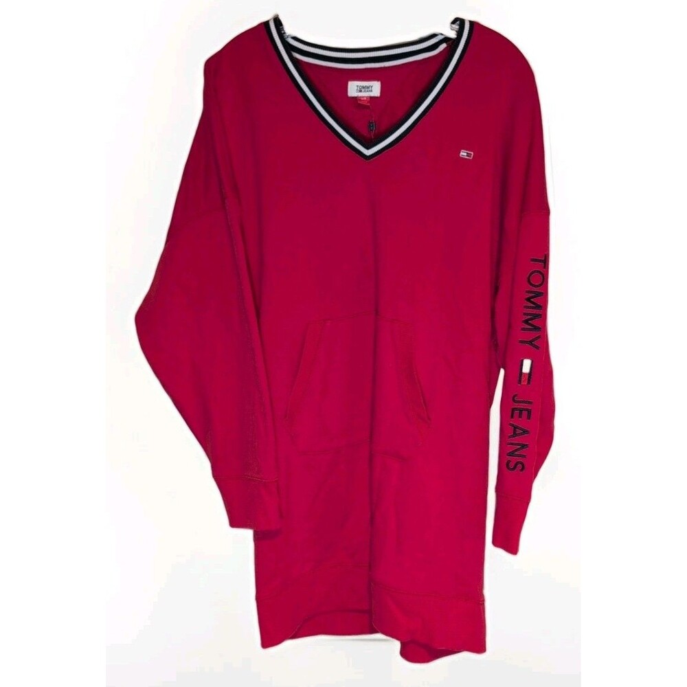Tommy Hilfiger Women's Red Crewneck Logo Sweatshirt Pockets Cotton Knit L
